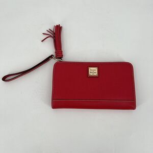 Dooney & Bourke Saffiano Folded Zip Wristlet Leather Red Tassel Logo Card Slots